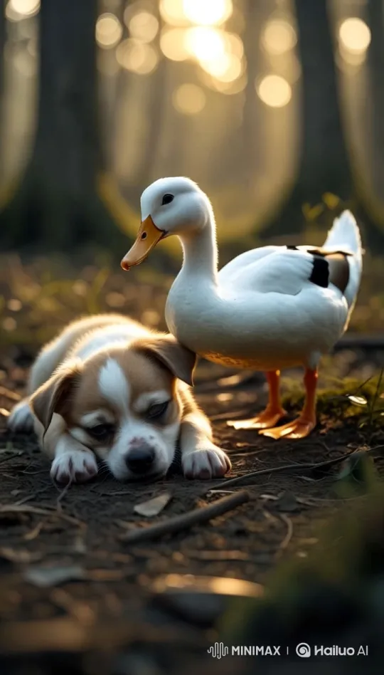 Sick Puppy Comforted by Concerned Duck in Tranquil Forest – AI Generated Video | Hailuo AI