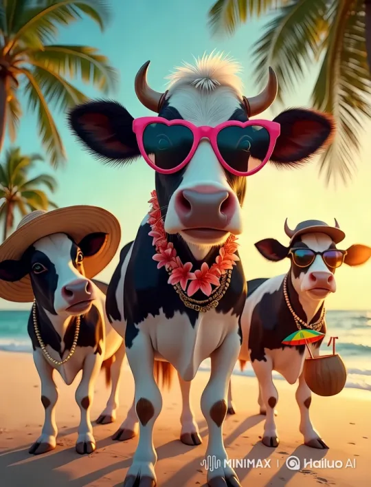Tropical Beach Cows Host Stylish Sunset Dance Party – AI Generated Video | Hailuo AI