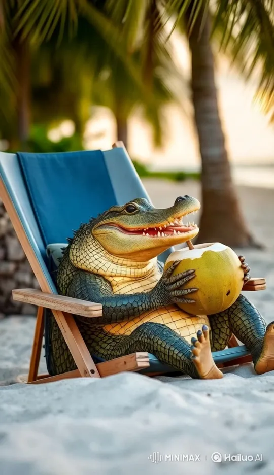 Crocodile Sips Coconut Water on Beach – AI Generated Video | Hailuo AI