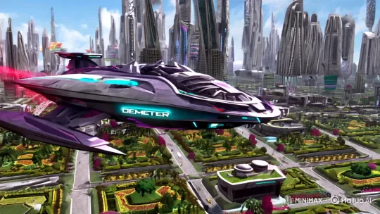 Cyber Sci-Fi Spaceship DEMETER Over Futuristic Cityscape – AI Generated Video | Hailuo AI