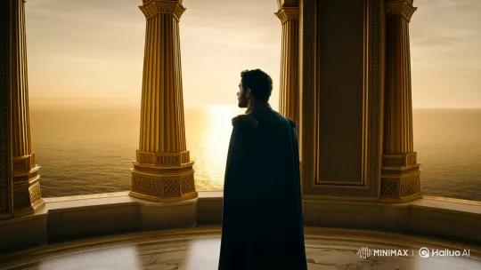 King Reflects on the Sea at Sunset in Opulent Palace – AI Generated Video | Hailuo AI