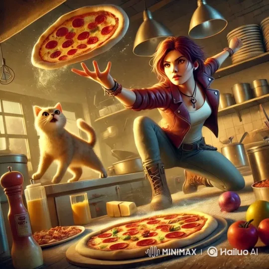 Cat Gracefully Leaps for Flying Pizza in Stylish Kitchen – AI Generated Video | Hailuo AI
