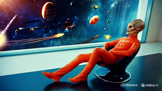 Alien in Futuristic Office Observes Cosmic Beauty – AI Generated Video | Hailuo AI