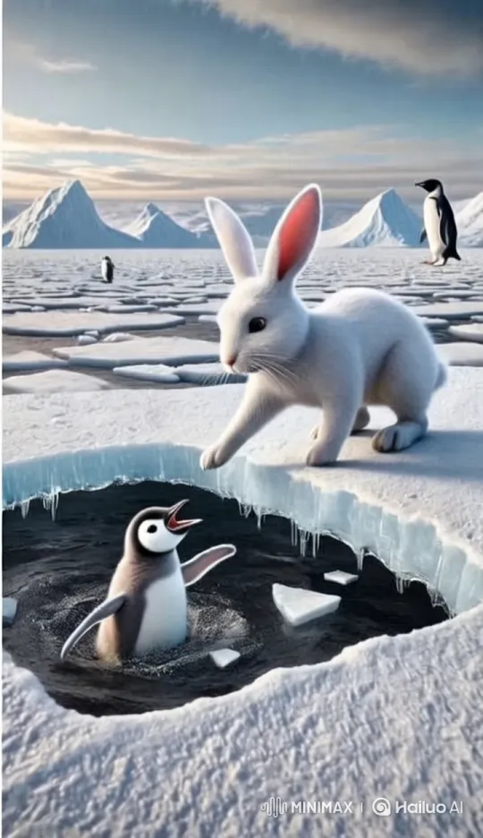 White Rabbit Rescues Baby Penguin in Ice – AI Generated Video | Hailuo AI