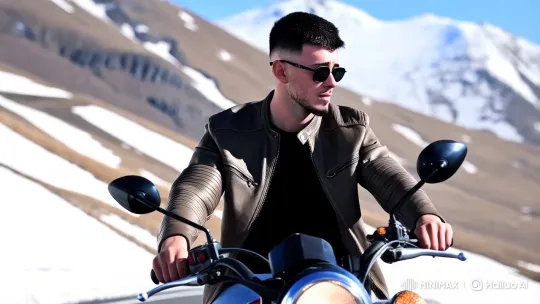 Young Biker Soars on Motorcycle in Mountainous Landscape – AI Generated Video | Hailuo AI