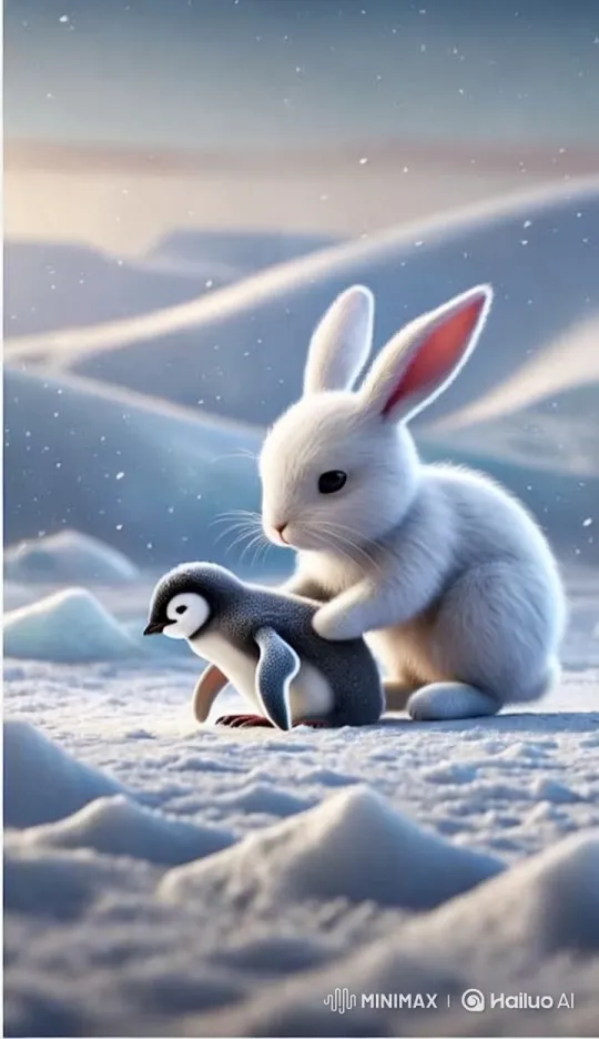 Rescued Penguin Warmed by Gentle White Rabbit – AI Generated Video | Hailuo AI
