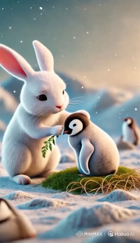 White Rabbit Tends to Injured Penguin in Snowy Serenity – AI Generated Video | Hailuo AI
