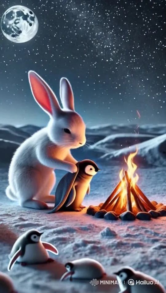 White Rabbit Cares for Injured Penguin by the Campfire – AI Generated Video | Hailuo AI