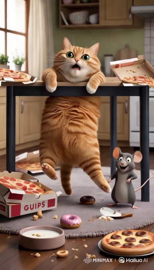 Cat and Mouse's Playful Antics in Messy Kitchen – AI Generated Video | Hailuo AI