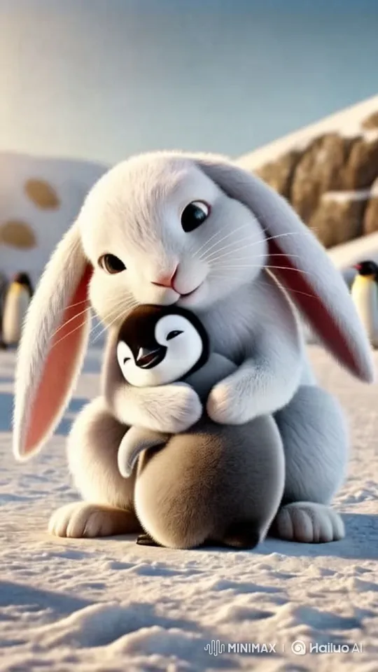 White Rabbit and Baby Penguin Embrace in Snowy Scene – AI Generated Video | Hailuo AI