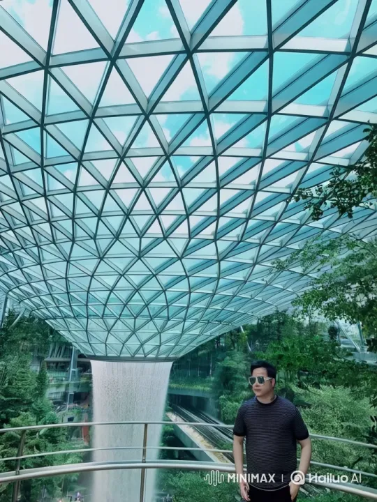 Curious Man Explores Tranquil Indoor Waterfall Space – AI Generated Video | Hailuo AI