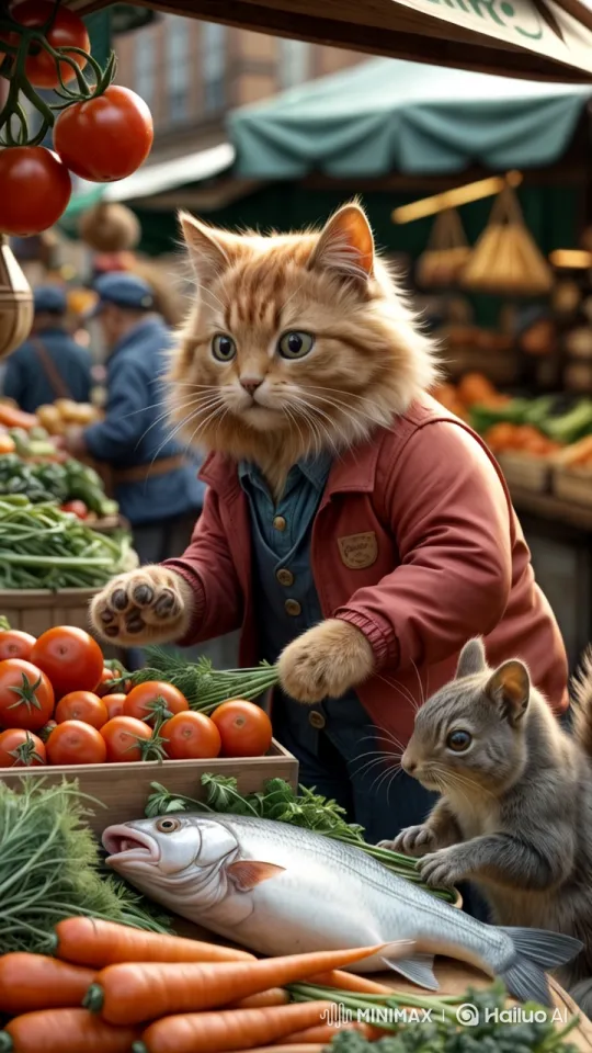 Whiskers the Cat Shops at the Bustling Outdoor Market – AI Generated Video | Hailuo AI