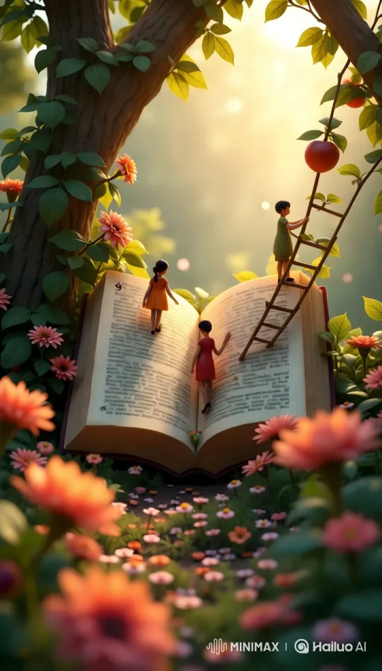 Miniature Figures Interact with Giant Book in Enchanted Garden – AI Generated Video | Hailuo AI