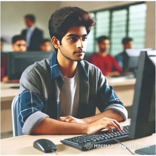 Young Man Typing in a Productive Classroom Setting – AI Generated Video | Hailuo AI
