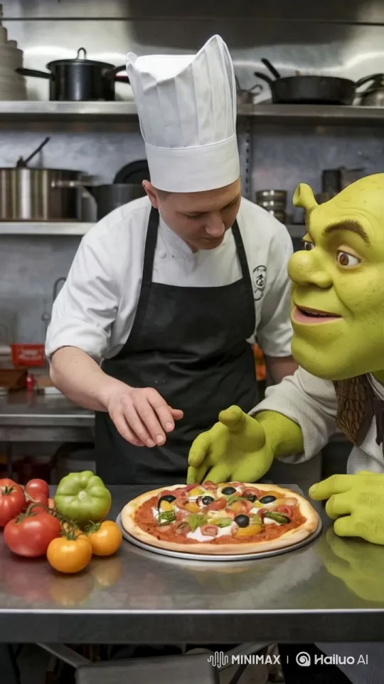 Shrek Orders Pizza in a Professional Kitchen Setting – AI Generated Video | Hailuo AI