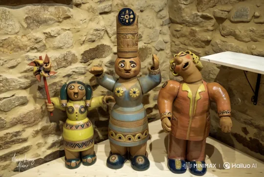Ceramic Figures Dance Vividly Against Rustic Wall – AI Generated Video | Hailuo AI