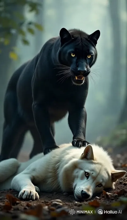 Panther Dominates Wolf in Misty Forest Confrontation – AI Generated Video | Hailuo AI