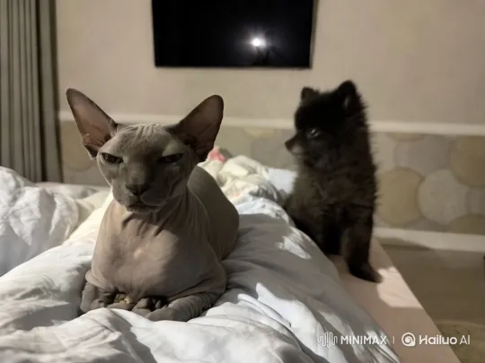Sphynx Cat Dances Gracefully on Bed with Pomeranian – AI Generated Video | Hailuo AI