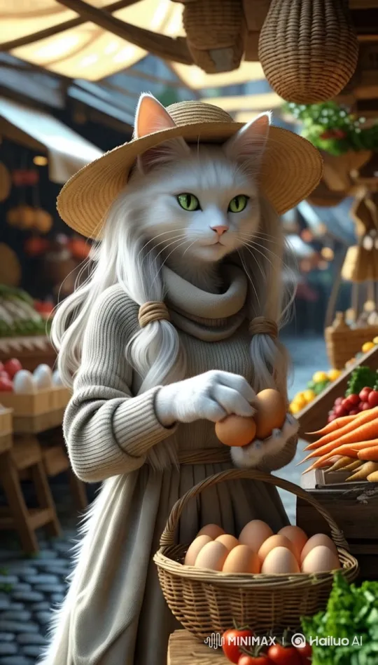 Anthropomorphic Cat Enjoys Shopping at a Lively Countryside Market – AI Generated Video | Hailuo AI
