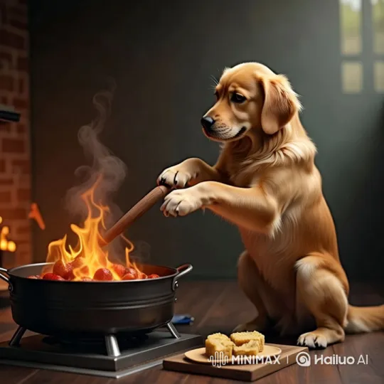 Golden Retriever Stirs Strawberries in Rustic Kitchen – AI Generated Video | Hailuo AI