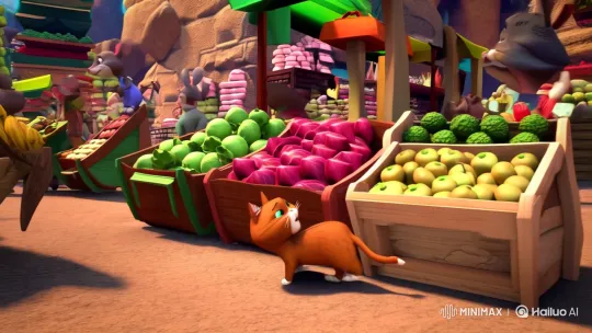 Animated Cat's Vibrant Market Journey in Dynamic 9/16 Aspect Ratio – AI Generated Video | Hailuo AI
