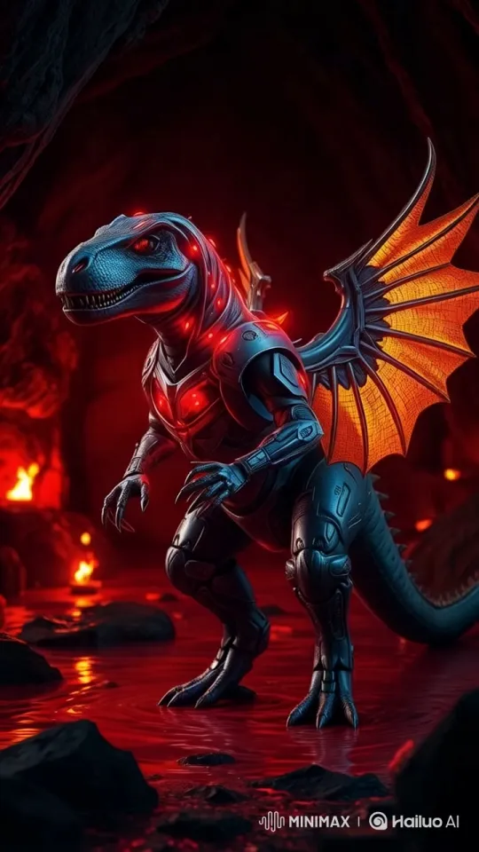 Aesthetic Showcase of a Robotic Dragon in a Lava-Filled Cave – AI Generated Video | Hailuo AI