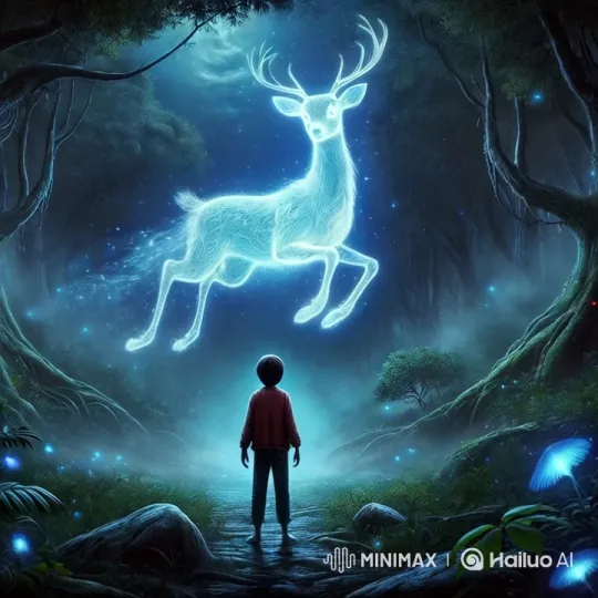 Boy Meets Ethereal Deer in Glowing Forest – AI Generated Video | Hailuo AI