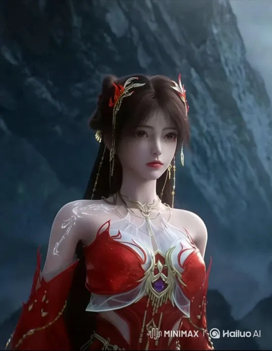 Stunning Woman in Red Amidst Majestic Mountains – AI Generated Video | Hailuo AI