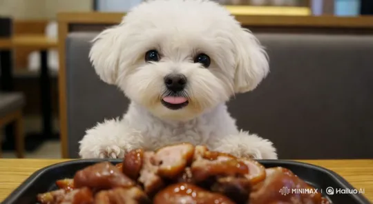Puppy Anticipates Meal at Cozy Restaurant – AI Generated Video | Hailuo AI