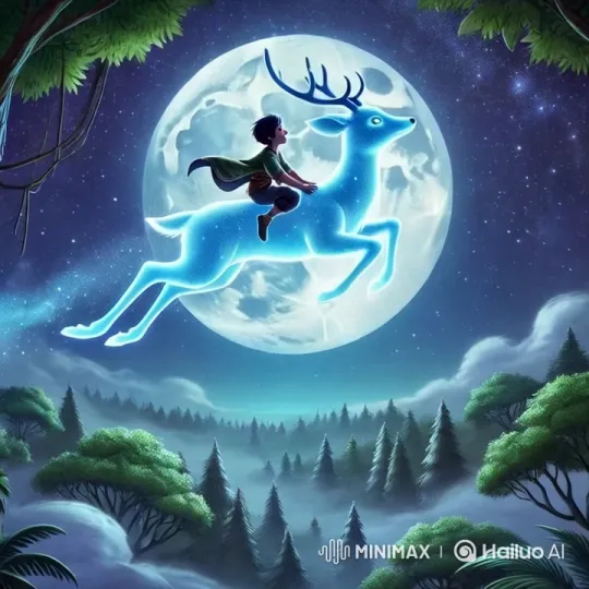 Magical Deer and Rider Explore Enchanted Night Landscape – AI Generated Video | Hailuo AI
