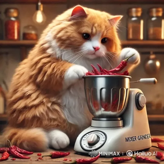 Chubby Cat Artfully Prepares Chillies in Kitchen – AI Generated Video | Hailuo AI