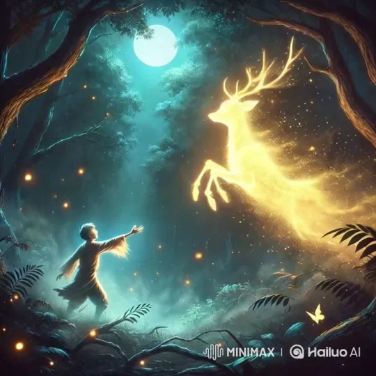 Boy Bids Farewell to Ethereal Deer in Moonlit Forest – AI Generated Video | Hailuo AI