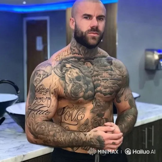 Muscular Man Showcases Intricate Tattoos in Modern Bathroom – AI Generated Video | Hailuo AI
