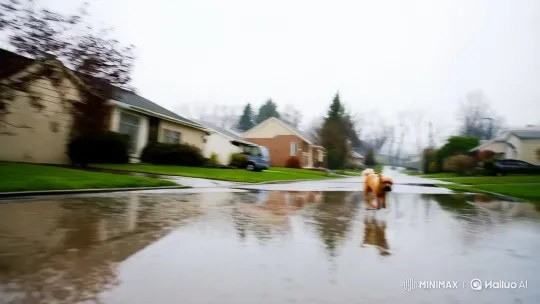 Dramatic Zoom: Dog's Comical Splash in Rainy Suburb – AI Generated Video | Hailuo AI