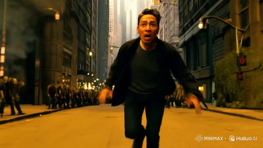 Man Fleeing Zombie Commies Amidst City Chaos – AI Generated Video | Hailuo AI