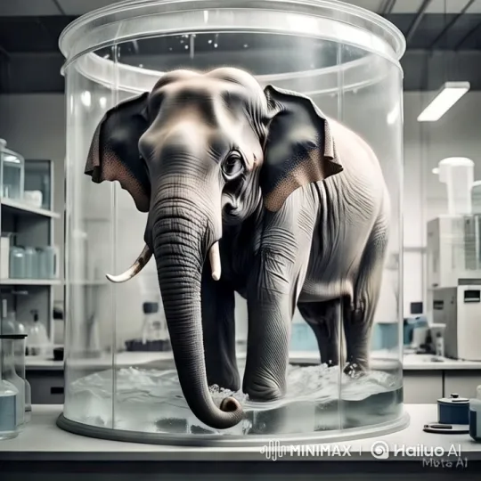 Life-like Elephant in Glass Container at Modern Lab – AI Generated Video | Hailuo AI