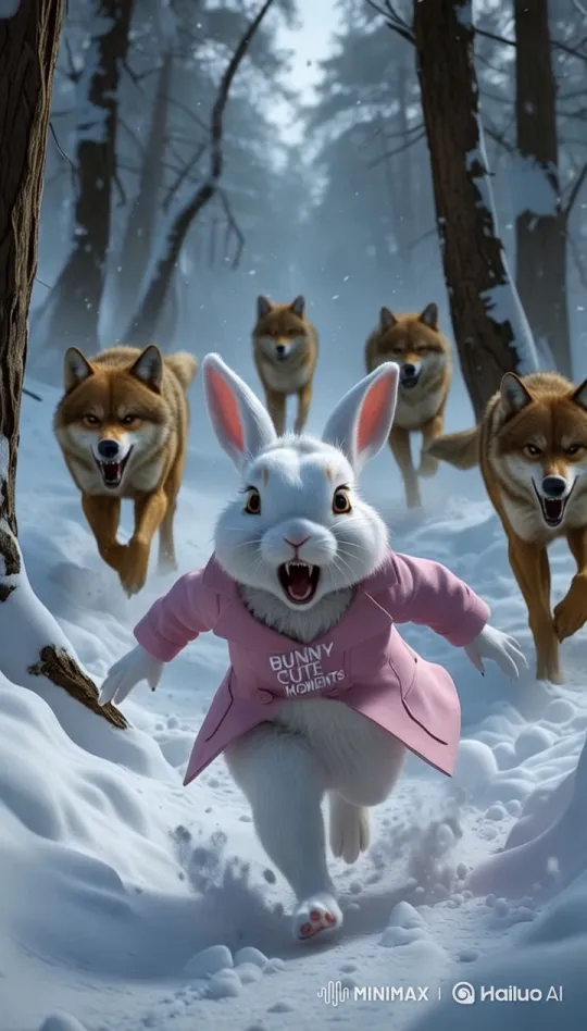 Bunny Cute Moments: Fearful Chase in Snowy Forest – AI Generated Video | Hailuo AI