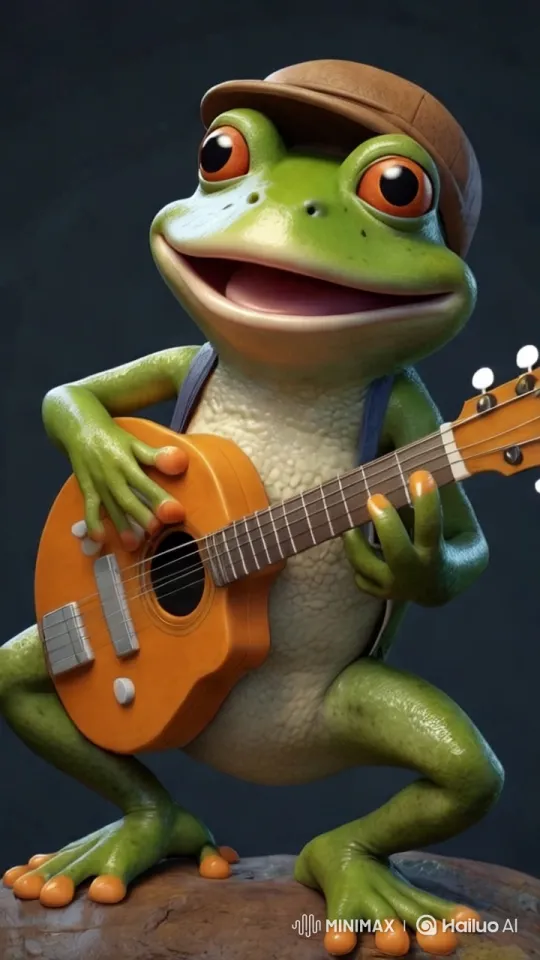 Frog in Cap Plays Orange Guitar in Minimalist Setting – AI Generated Video | Hailuo AI
