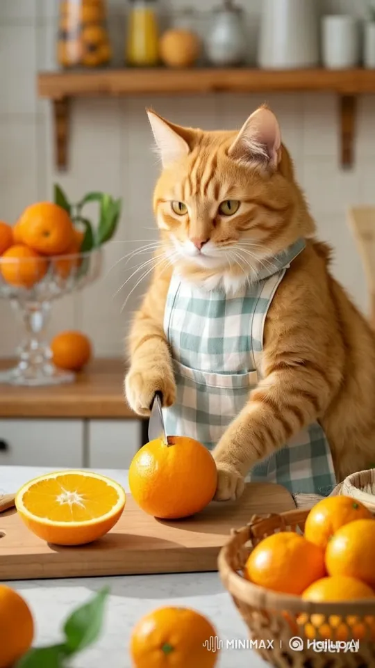 Animated Cat Chef Explains Chopping an Orange – AI Generated Video | Hailuo AI