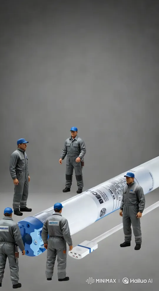 Workers Inspect High-Tech Cylinder in Professional Setting – AI Generated Video | Hailuo AI