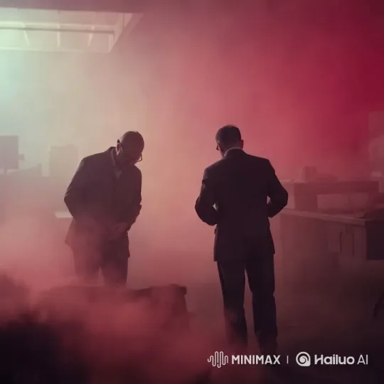 Mysterious Industrial Discussion in Colored Fog – AI Generated Video | Hailuo AI