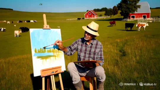 Elderly Artist Paints Rural Landscape on Farm – AI Generated Video | Hailuo AI