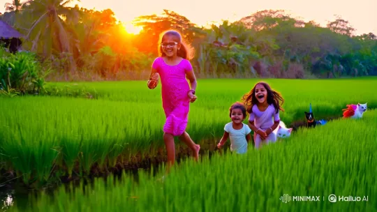 Joyful Girls and Charming Animals in Kerala's Paddy Fields – AI Generated Video | Hailuo AI