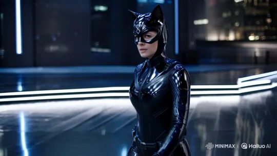 Catwoman in Mech Armor Showcased in Cinematic Tracking Shot – AI Generated Video | Hailuo AI