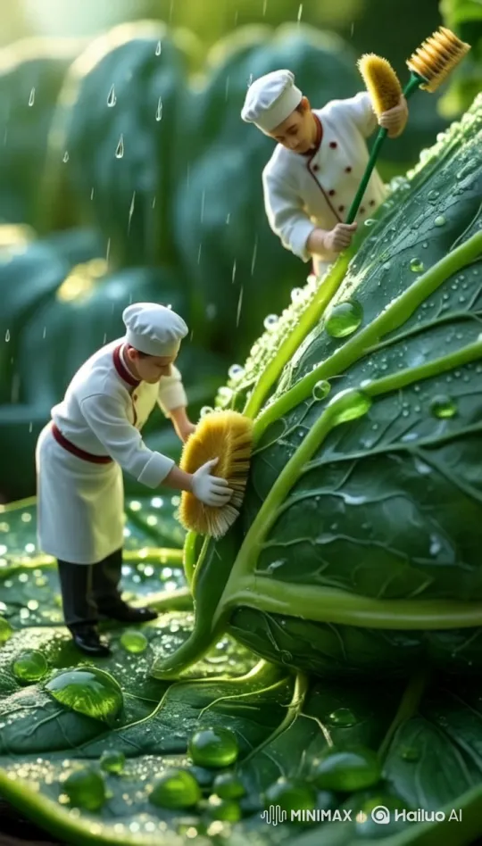 Miniature Chefs Tend to Giant Dewy Leaf – AI Generated Video | Hailuo AI