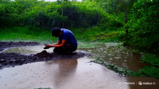 Lone Figure Meditates in Rainy Landscape – AI Generated Video | Hailuo AI