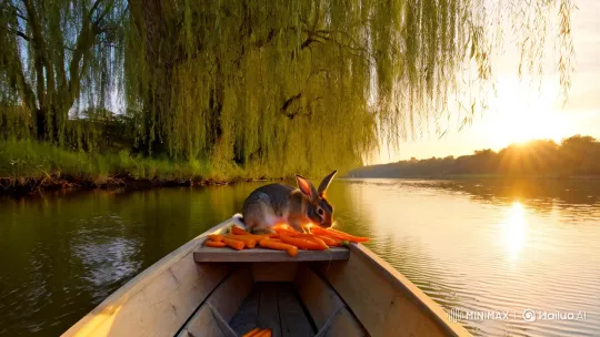 Rabbit Nibbling on Carrots in Serene River Setting – AI Generated Video | Hailuo AI