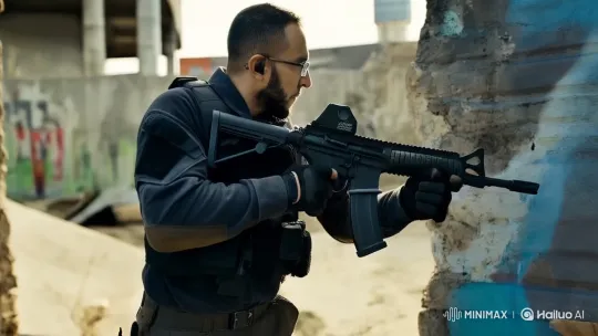 Tactical Man in Urban Setting: Alert, Armed, and Ready – AI Generated Video | Hailuo AI