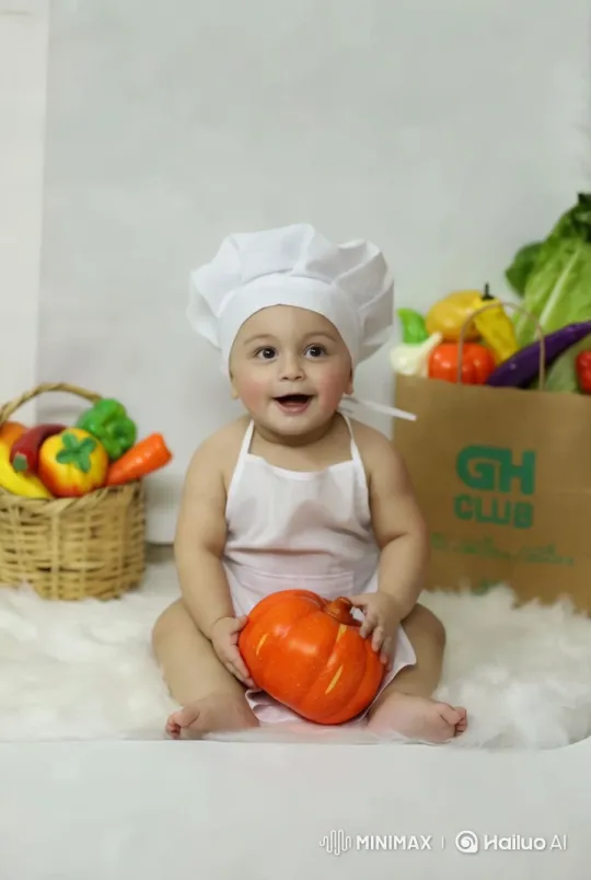 Baby Chef with Toy Pumpkin and Vegetables – AI Generated Video | Hailuo AI