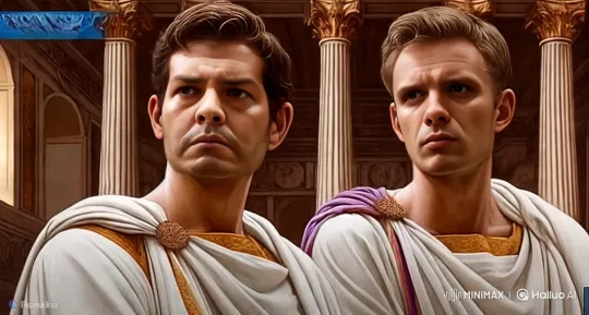 Historical Drama: Two Figures Discuss in Grand Roman Hall – AI Generated Video | Hailuo AI